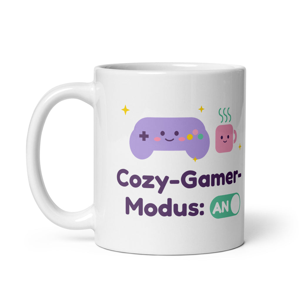 Cozy-Gamer-Modus Tasse weiß 325 ml – Henkel links
