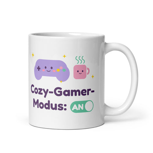 Cozy-Gamer-Modus Tasse weiß 325 ml – Henkel rechts