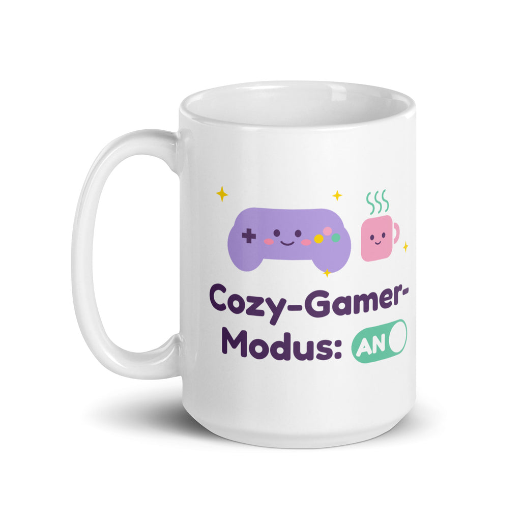Cozy-Gamer-Modus Tasse weiß 440 ml – Henkel links