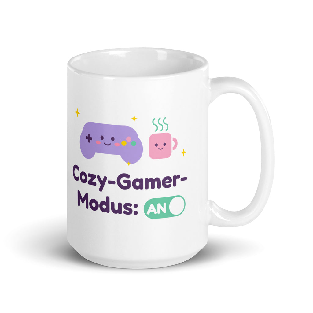 Cozy-Gamer-Modus Tasse weiß 440 ml – Henkel rechts