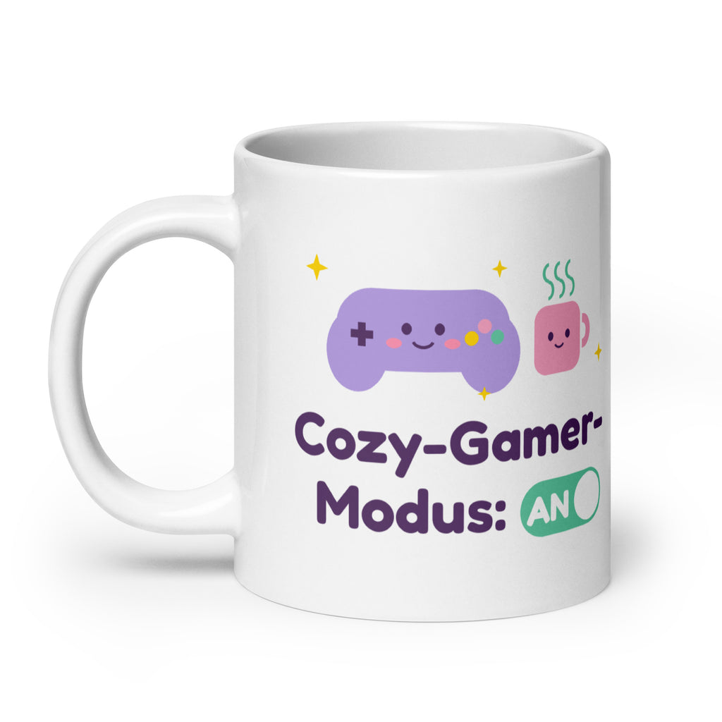 Cozy-Gamer-Modus Tasse weiß 590 ml – Henkel links