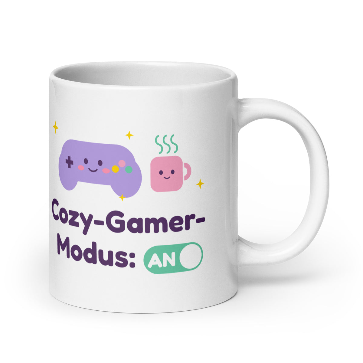 Cozy-Gamer-Modus Tasse weiß 590 ml – Henkel rechts